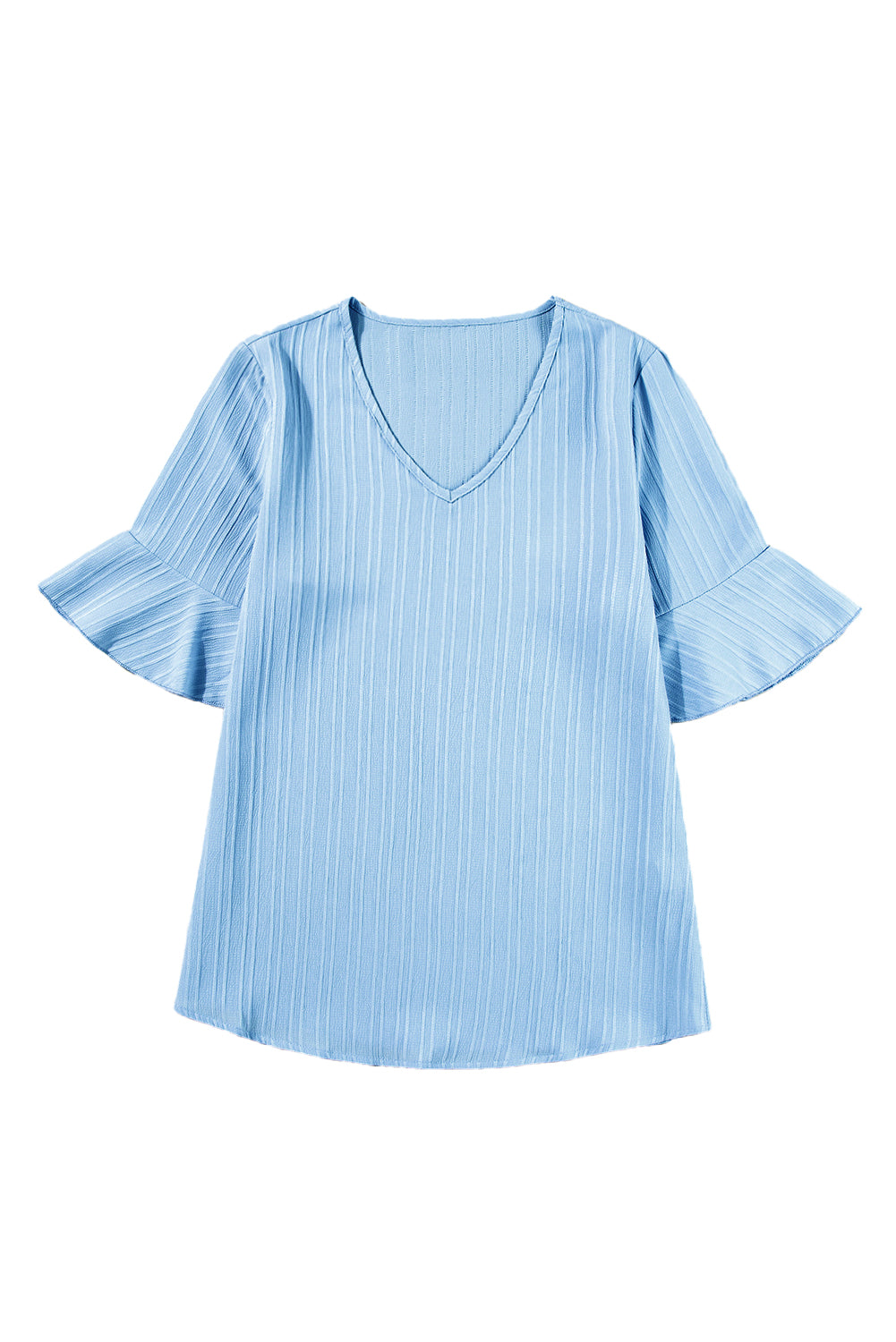 Beau Blue Ruffled Short Sleeve V Neck Textured BlouseMaterial:97%Polyester+3%Elastane



		Elevate your style with this stylish and popular women's top featuring textured fabric. 
	
	
		The V-neck, ruffled sleeves