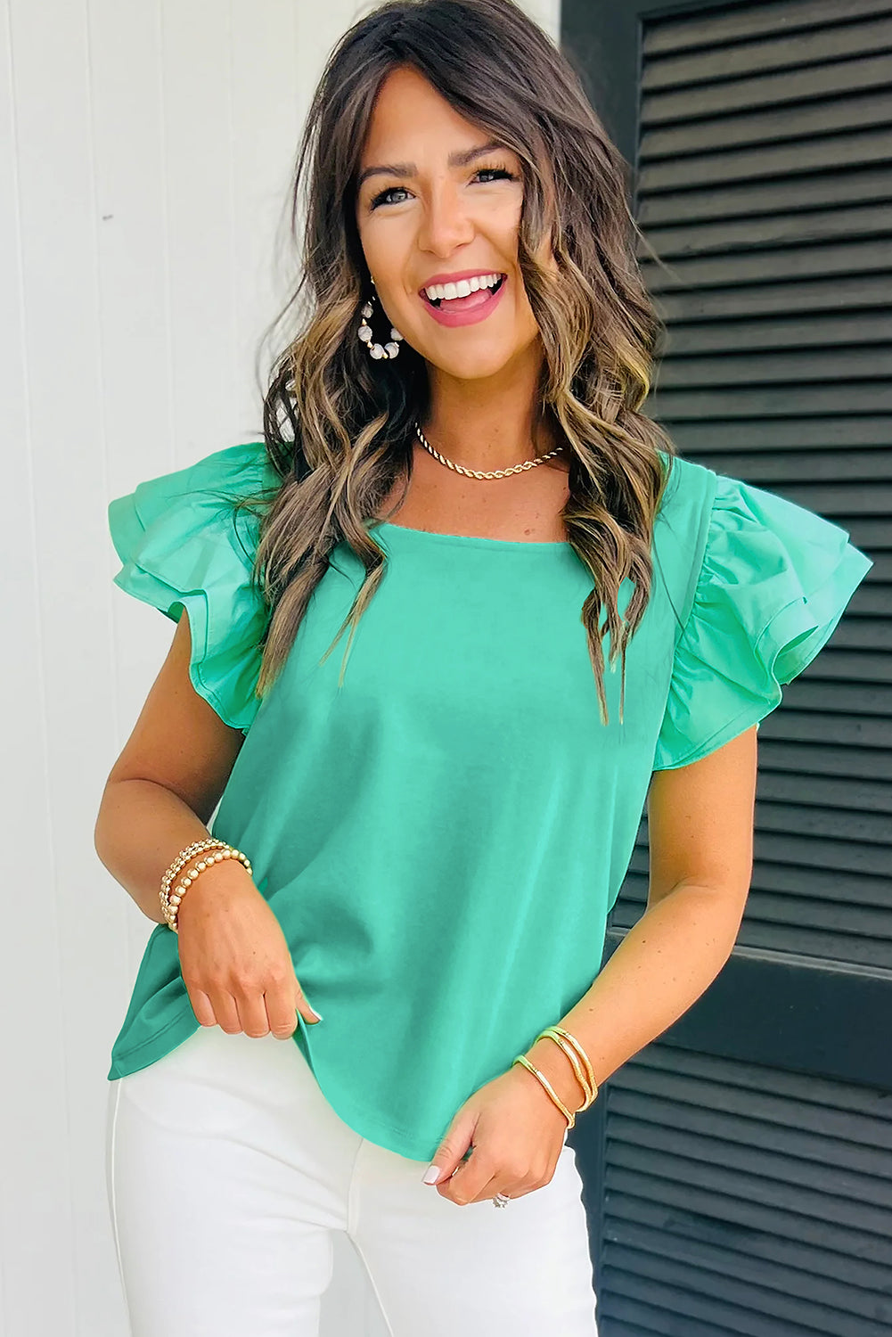 Mint Green Ruffle Flutter Sleeve Square Neck Blouse