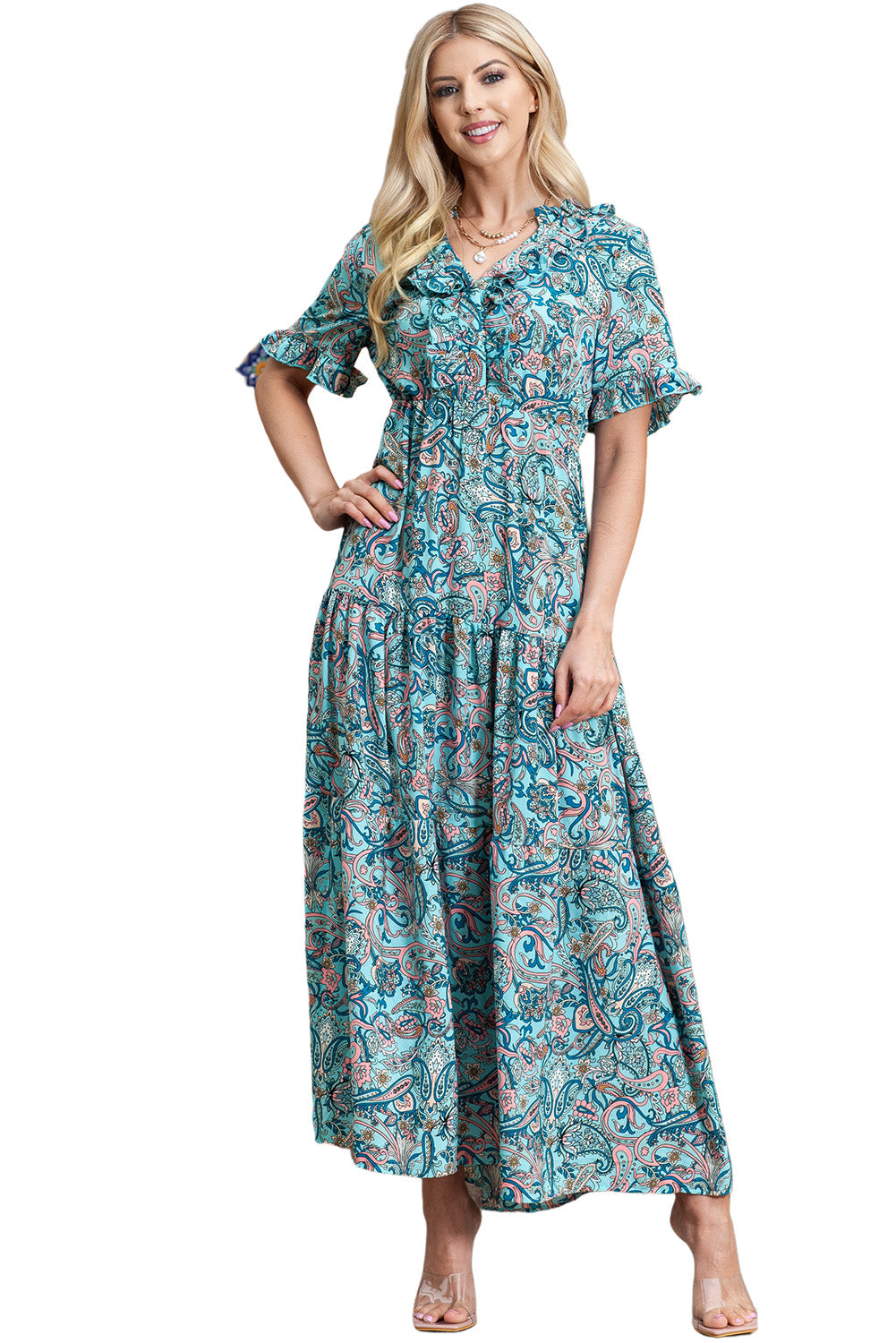 Sky Blue Paisley Print Split V Neck Tiered Boho Maxi DressMaterial:100%Polyester



		Stylish and comfortable sky blue paisley print maxi dress with a split V-neckline and tiered design.
	
	
		Eye-catching boho-inspire