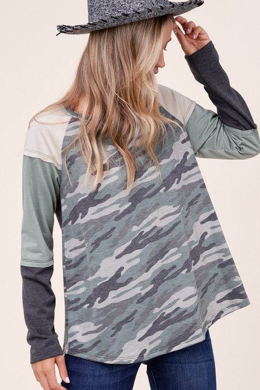 PLUS CAMOUFLAGE COLOR BLOCK TOPFRENCH TERRY CAMOUFLAGE PRINT AND SOLID COLOR BLOCKED LONG SLEEVE ROUND NECK RAW EDGE DETAIL PLUS TOP - MADE IN U.S.A
Style: Casual
Print / Pattern: CAMOUFLAGE PRINT