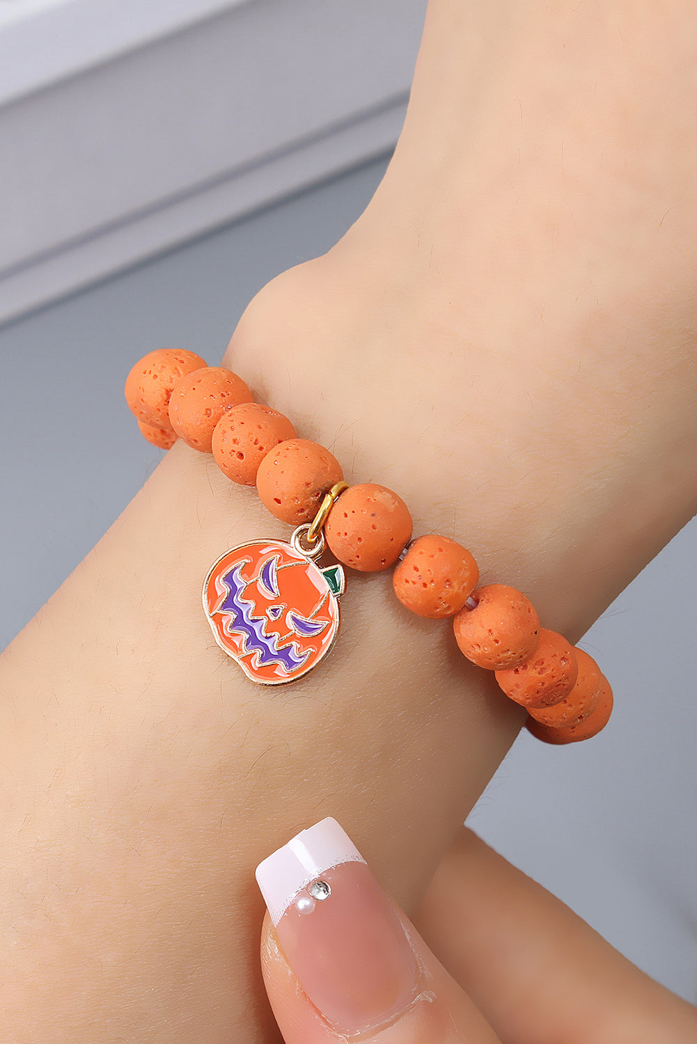 Orange Halloween Pumpkin Pendant Beaded Elastic Bracelet