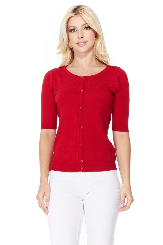 Half Sleeve Crewneck Button Sweater Cardigan- 22.5"-23.5" Length, 1/2 Sleeve, Round Neck, Button Down Knit Cardigan Sweater Top- Various Vivid Color Choices with Sizes: Small, Medium, Large- High Quality Soft 