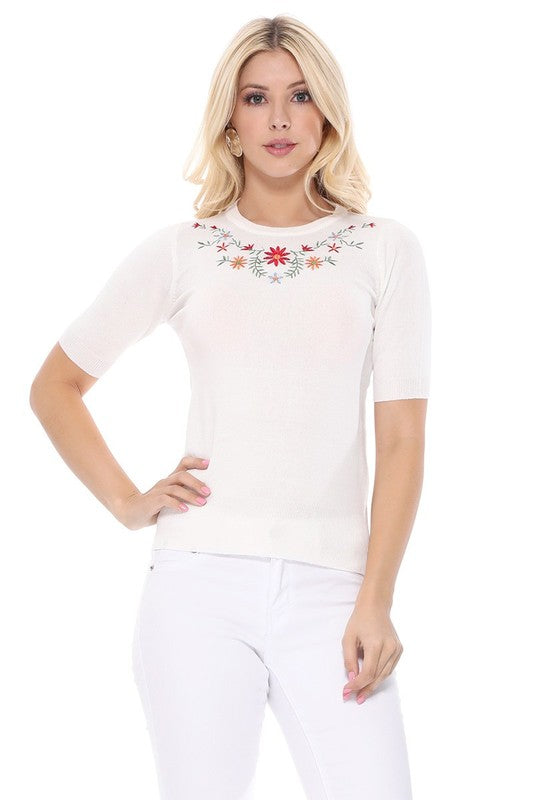 Daisy Flower Embroidered Knit Pullover Sweater- 21"-22" Length, 1/2 Sleeves, Slim-Fit, Colorful, Boutique, Daisy Flower Embroidered, Knit Pullover Sweater.- Various Vivid Color Choices with Sizes: Small, Medium,