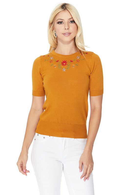 Daisy Flower Embroidered Knit Pullover Sweater- 21"-22" Length, 1/2 Sleeves, Slim-Fit, Colorful, Boutique, Daisy Flower Embroidered, Knit Pullover Sweater.- Various Vivid Color Choices with Sizes: Small, Medium,