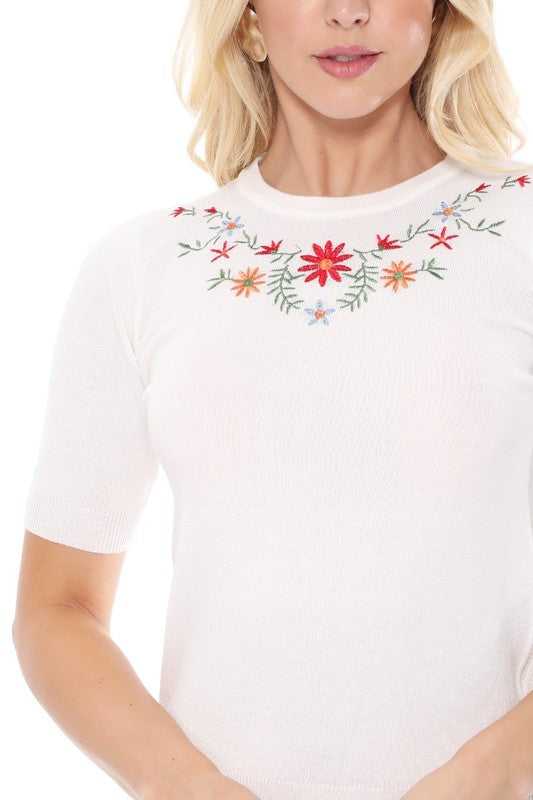 Daisy Flower Embroidered Knit Pullover Sweater- 21"-22" Length, 1/2 Sleeves, Slim-Fit, Colorful, Boutique, Daisy Flower Embroidered, Knit Pullover Sweater.- Various Vivid Color Choices with Sizes: Small, Medium,