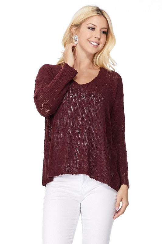 Long sleeve V Neck Thin Slub knit SS sweater Top-24"-25" Length, Long Sleeves, V Neck, Slub Cotton, Basic, and Classic Knit Pullover Sweater.-Various Vivid Color Choices with Sizes: Small, Medium, and Large.-Versa