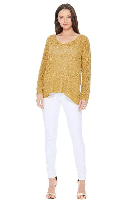 Long sleeve V Neck Thin Slub knit SS sweater Top-24"-25" Length, Long Sleeves, V Neck, Slub Cotton, Basic, and Classic Knit Pullover Sweater.-Various Vivid Color Choices with Sizes: Small, Medium, and Large.-Versa