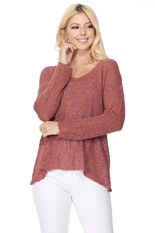 Long sleeve V Neck Thin Slub knit SS sweater Top-24"-25" Length, Long Sleeves, V Neck, Slub Cotton, Basic, and Classic Knit Pullover Sweater.-Various Vivid Color Choices with Sizes: Small, Medium, and Large.-Versa