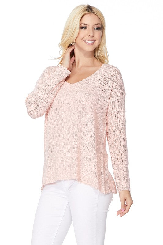 Long sleeve V Neck Thin Slub knit SS sweater Top-24"-25" Length, Long Sleeves, V Neck, Slub Cotton, Basic, and Classic Knit Pullover Sweater.-Various Vivid Color Choices with Sizes: Small, Medium, and Large.-Versa