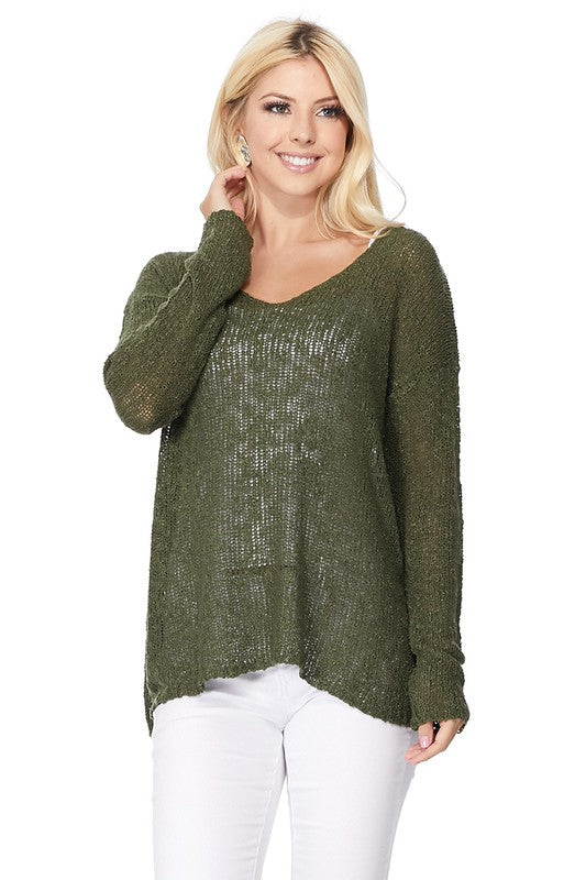 Long sleeve V Neck Thin Slub knit SS sweater Top-24"-25" Length, Long Sleeves, V Neck, Slub Cotton, Basic, and Classic Knit Pullover Sweater.-Various Vivid Color Choices with Sizes: Small, Medium, and Large.-Versa