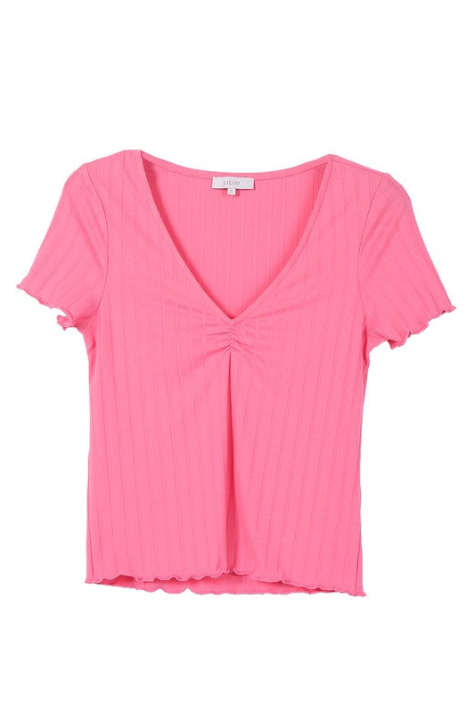 SS V neck top*V-neck short sleeve ribbed top*Pattern type : solid*Neck line : V neck*Sleeve type : regular sleeves*Sleeve length : short sleeves*Stretch : stretch*Sheer : not lin