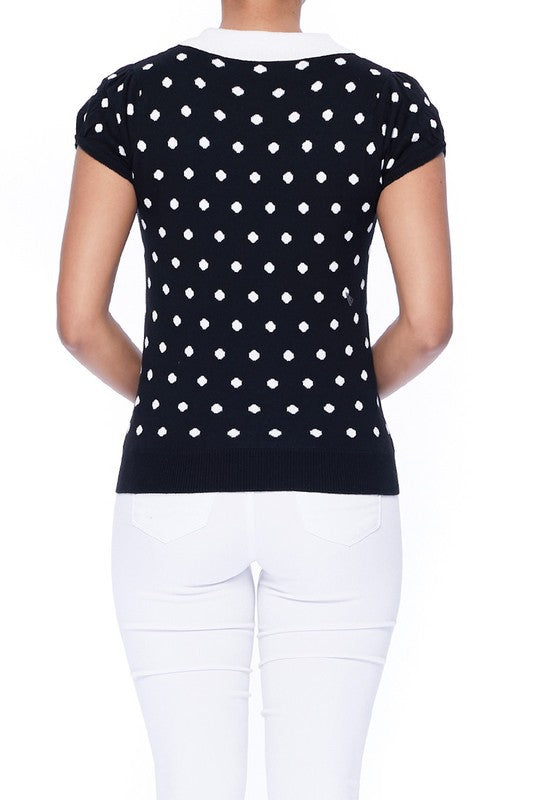 Puffed Cap Sleeve Polka Dot Jacquard Sweater- 23"-24" Length, Short Sleeves, Ribbed Trim, Fitted Knit Sweater. - Tailored Fit, Cute Contrasting Collar, Soft Sweater.- 12GG Double Jacquard Weight and Feminine S