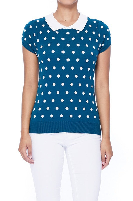 Puffed Cap Sleeve Polka Dot Jacquard Sweater- 23"-24" Length, Short Sleeves, Ribbed Trim, Fitted Knit Sweater. - Tailored Fit, Cute Contrasting Collar, Soft Sweater.- 12GG Double Jacquard Weight and Feminine S