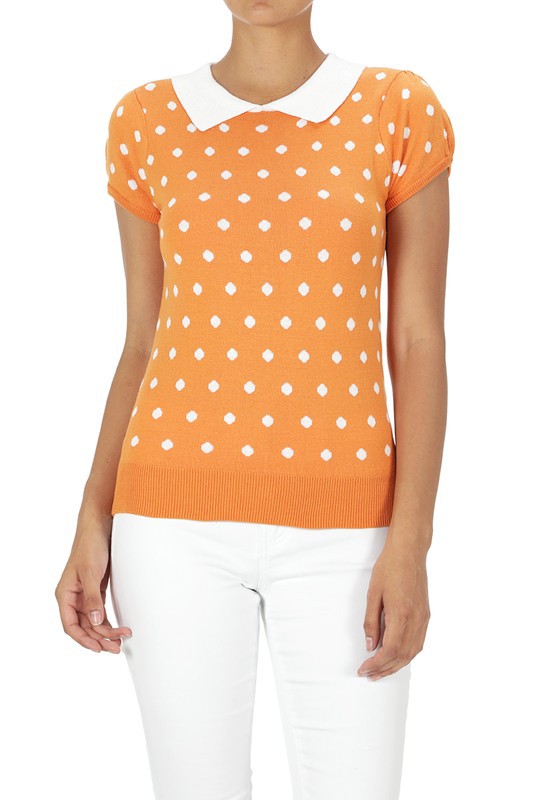 Puffed Cap Sleeve Polka Dot Jacquard Sweater- 23"-24" Length, Short Sleeves, Ribbed Trim, Fitted Knit Sweater. - Tailored Fit, Cute Contrasting Collar, Soft Sweater.- 12GG Double Jacquard Weight and Feminine S