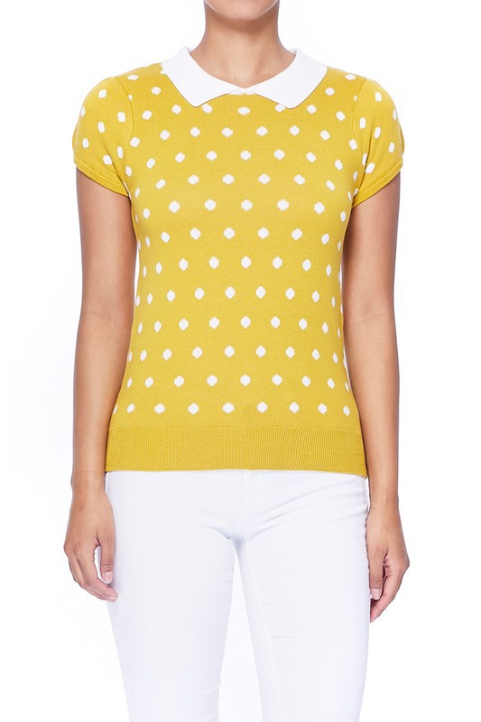 Puffed Cap Sleeve Polka Dot Jacquard Sweater- 23"-24" Length, Short Sleeves, Ribbed Trim, Fitted Knit Sweater. - Tailored Fit, Cute Contrasting Collar, Soft Sweater.- 12GG Double Jacquard Weight and Feminine S