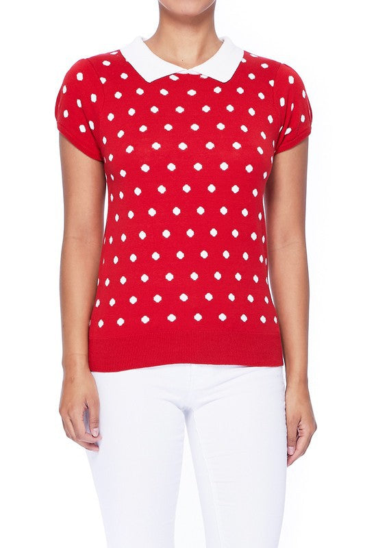 Puffed Cap Sleeve Polka Dot Jacquard Sweater- 23"-24" Length, Short Sleeves, Ribbed Trim, Fitted Knit Sweater. - Tailored Fit, Cute Contrasting Collar, Soft Sweater.- 12GG Double Jacquard Weight and Feminine S