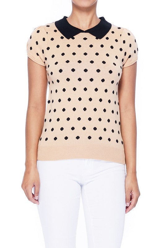 Puffed Cap Sleeve Polka Dot Jacquard Sweater- 23"-24" Length, Short Sleeves, Ribbed Trim, Fitted Knit Sweater. - Tailored Fit, Cute Contrasting Collar, Soft Sweater.- 12GG Double Jacquard Weight and Feminine S