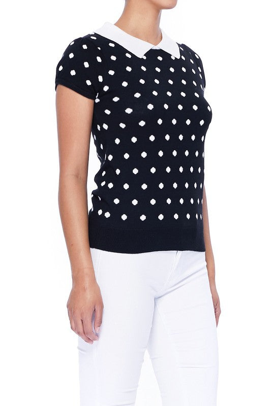 Puffed Cap Sleeve Polka Dot Jacquard Sweater- 23"-24" Length, Short Sleeves, Ribbed Trim, Fitted Knit Sweater. - Tailored Fit, Cute Contrasting Collar, Soft Sweater.- 12GG Double Jacquard Weight and Feminine S