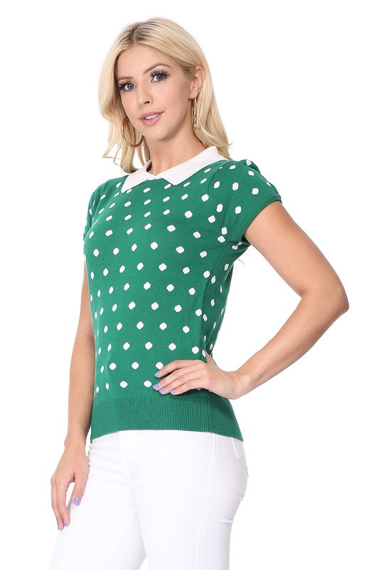 Puffed Cap Sleeve Polka Dot Jacquard Sweater- 23"-24" Length, Short Sleeves, Ribbed Trim, Fitted Knit Sweater. - Tailored Fit, Cute Contrasting Collar, Soft Sweater.- 12GG Double Jacquard Weight and Feminine S