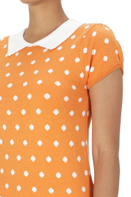 Puffed Cap Sleeve Polka Dot Jacquard Sweater- 23"-24" Length, Short Sleeves, Ribbed Trim, Fitted Knit Sweater. - Tailored Fit, Cute Contrasting Collar, Soft Sweater.- 12GG Double Jacquard Weight and Feminine S