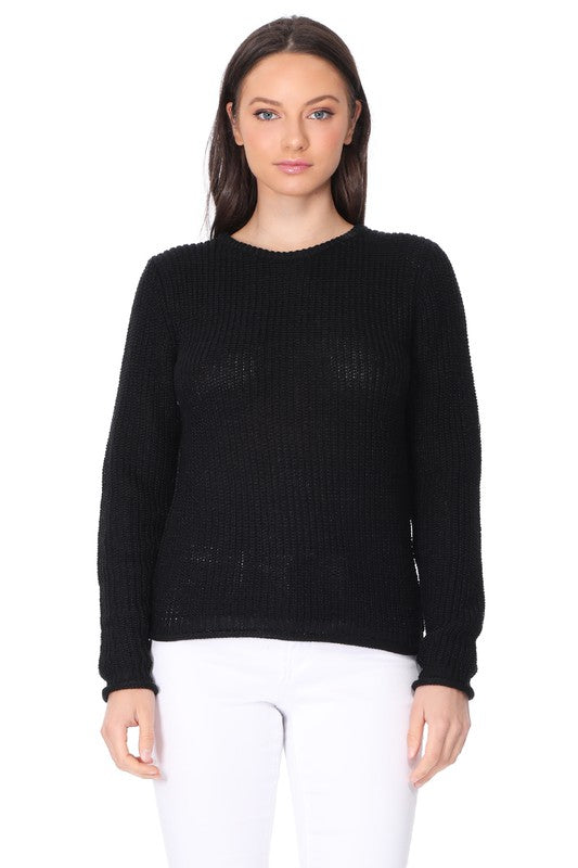 Light Weight Waffle Knit Rollup Finish Sweater Top- 22-24" Length, Wide Hem.- Light Weight, Hacci Stitch Sweater Top- Long Sleeve, and Clean Rolling Finish at Sleeve and Bottom Hem- Wonderful Light Sweater Top for S