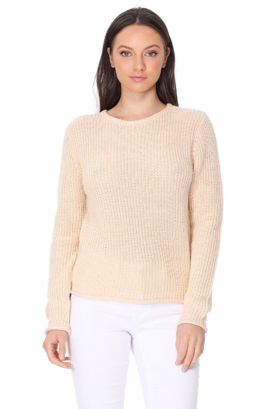 Light Weight Waffle Knit Rollup Finish Sweater Top- 22-24" Length, Wide Hem.- Light Weight, Hacci Stitch Sweater Top- Long Sleeve, and Clean Rolling Finish at Sleeve and Bottom Hem- Wonderful Light Sweater Top for S