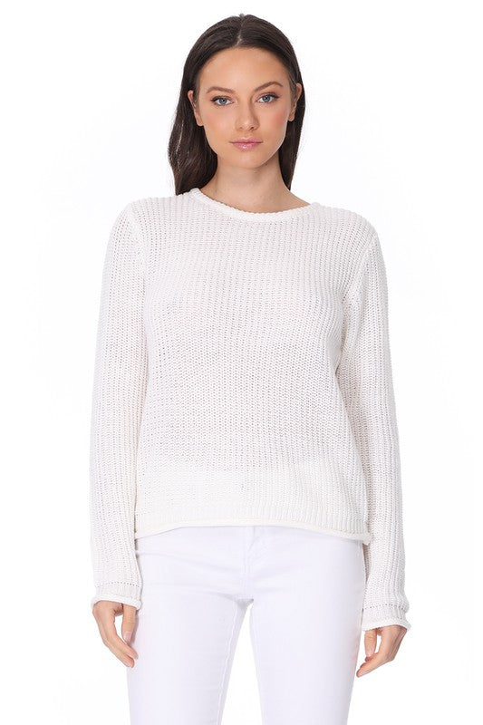 Light Weight Waffle Knit Rollup Finish Sweater Top- 22-24" Length, Wide Hem.- Light Weight, Hacci Stitch Sweater Top- Long Sleeve, and Clean Rolling Finish at Sleeve and Bottom Hem- Wonderful Light Sweater Top for S