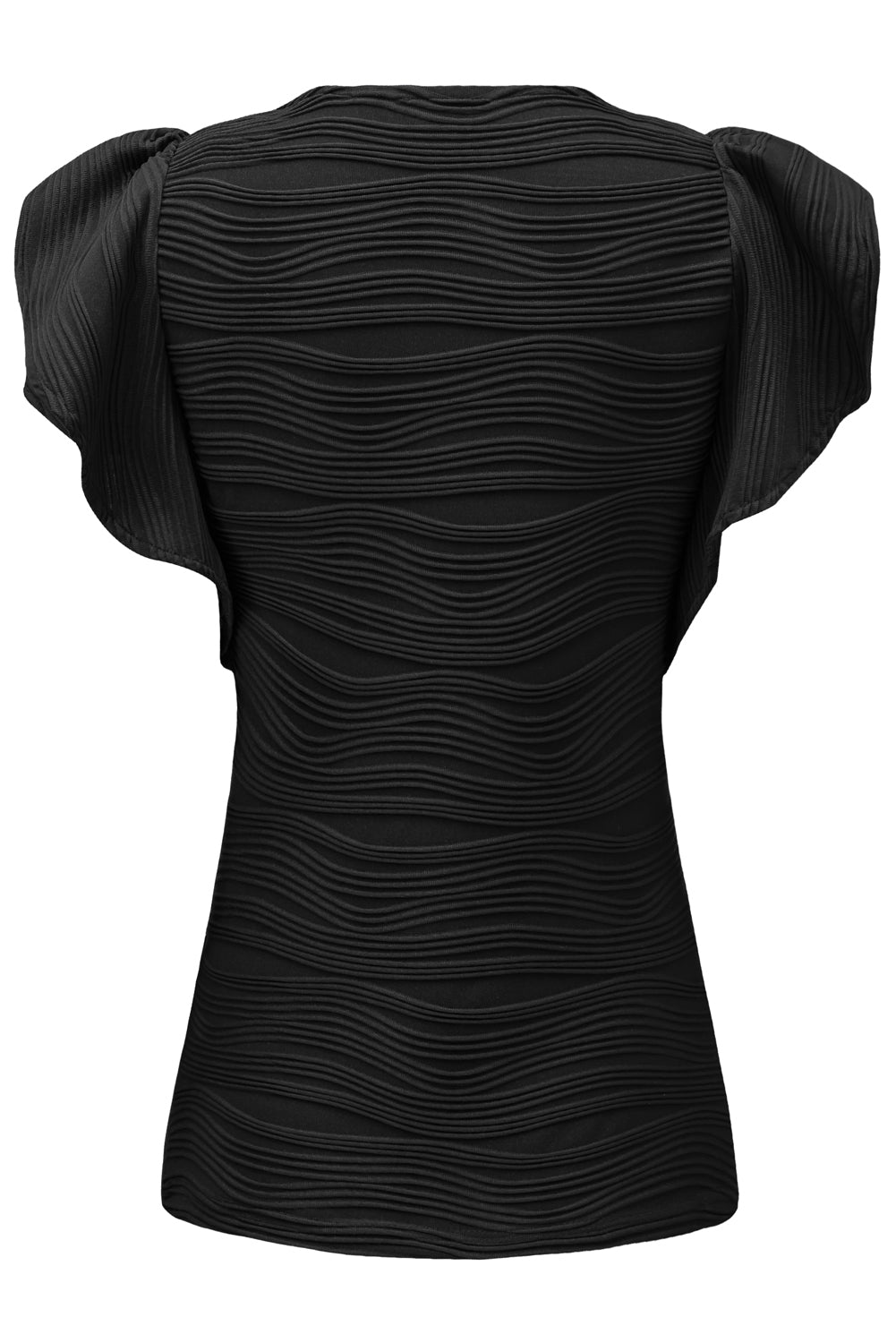 Black Plain Wavy Textured Ruffle Sleeve BlouseMaterial:90%Polyester+10%Elastane



		The wavy textured fabric adds an extra layer of sophistication, making this top a standout choice. 
	
	
		Embrace a playf