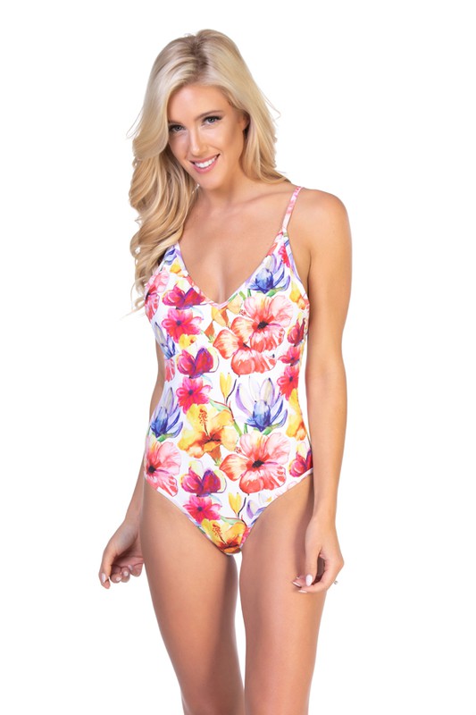 BRIGHT FLORAL ONE PIECE SWIMSUITBright floral printed one piece style with shelf bra for shape, removable soft pads, adjustable shoulder straps, and fullcoverage bottom. Soft and stretch microfiber