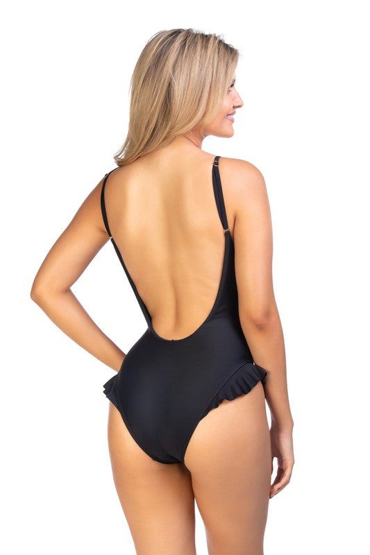 Solid one piece swimsuit with ruffle detailSolid one piece features v neckline. Low cut at back. Ruffle trim details. Adjustable shoulder straps, and removable soft cups. Moderate coverage.
Print / Pattern: s