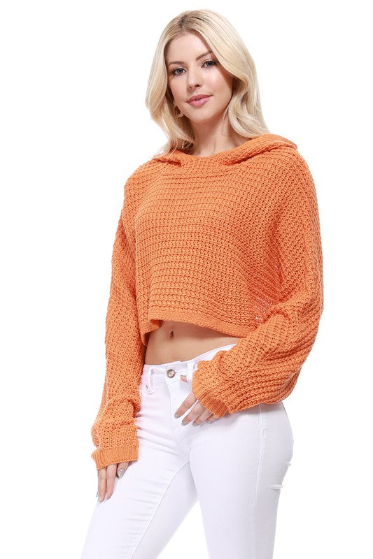 Bat Wing Sleeve Crop Waffle Knit Hoodie Top- Crop Length &amp; Wide Sleeve &amp; Hoodie- Cool Touch Acrylic/Poly Mixed Yarn- Cute Waffle / Popcorn Stitch - Great for Casual Daily, Party, Cocktail, Vacation, N