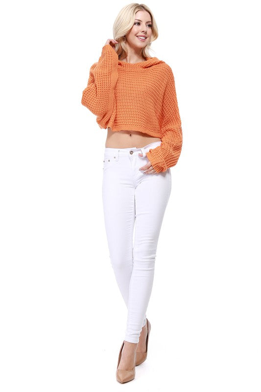 Bat Wing Sleeve Crop Waffle Knit Hoodie Top- Crop Length &amp; Wide Sleeve &amp; Hoodie- Cool Touch Acrylic/Poly Mixed Yarn- Cute Waffle / Popcorn Stitch - Great for Casual Daily, Party, Cocktail, Vacation, N