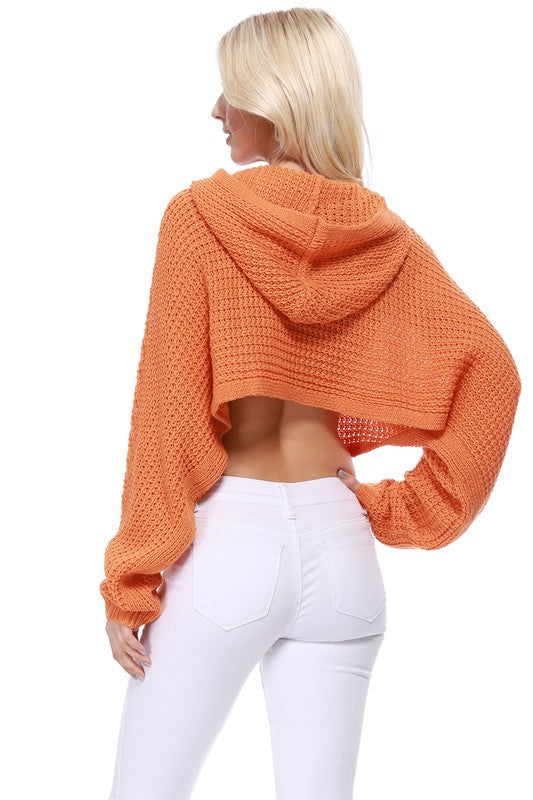 Bat Wing Sleeve Crop Waffle Knit Hoodie Top- Crop Length &amp; Wide Sleeve &amp; Hoodie- Cool Touch Acrylic/Poly Mixed Yarn- Cute Waffle / Popcorn Stitch - Great for Casual Daily, Party, Cocktail, Vacation, N