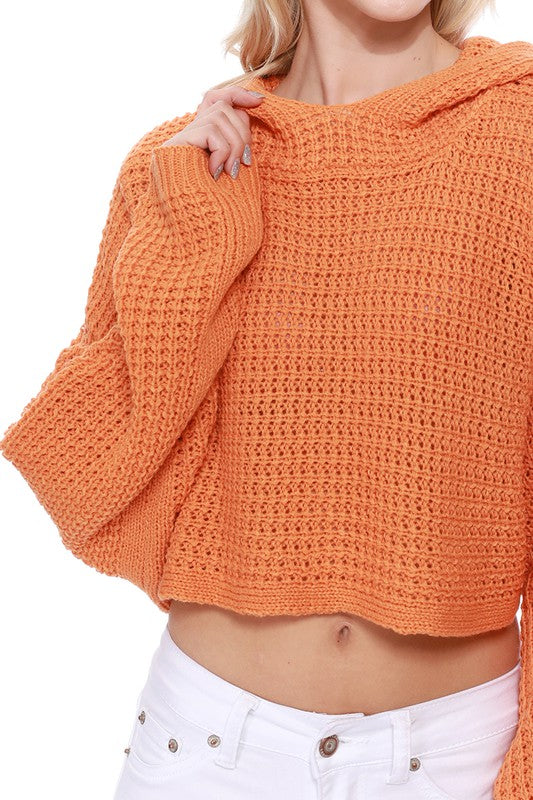 Bat Wing Sleeve Crop Waffle Knit Hoodie Top- Crop Length &amp; Wide Sleeve &amp; Hoodie- Cool Touch Acrylic/Poly Mixed Yarn- Cute Waffle / Popcorn Stitch - Great for Casual Daily, Party, Cocktail, Vacation, N