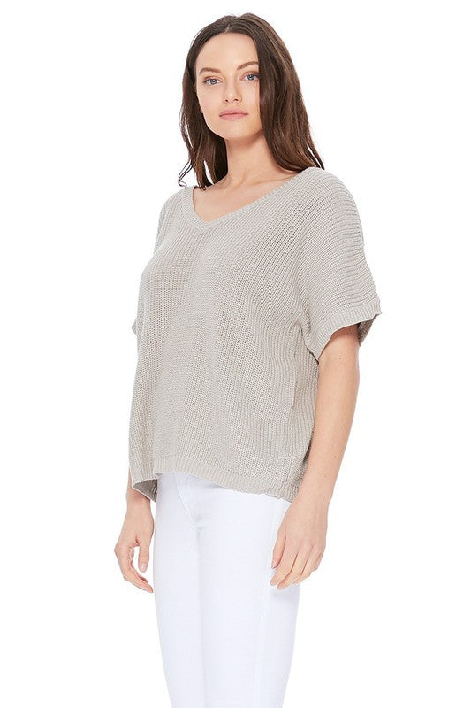 Open Back Half Sleeve Loose Fit Summer Knit Top- Length: 21.5-22.5"- Open Back with Lace-up - Half Sleeve Loose Oversized Pullover Knit Jumper- Light Weight Cotton Blend Stretch- Perfect for easy-going everyday w