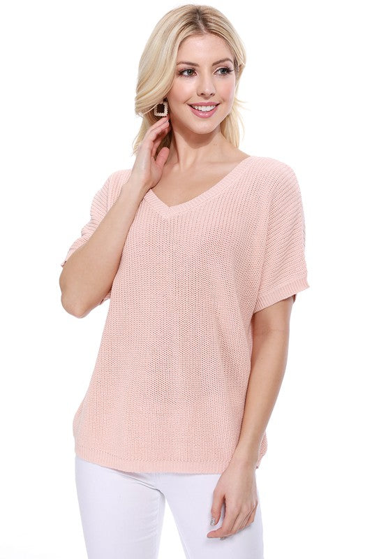 Open Back Half Sleeve Loose Fit Summer Knit Top- Length: 21.5-22.5"- Open Back with Lace-up - Half Sleeve Loose Oversized Pullover Knit Jumper- Light Weight Cotton Blend Stretch- Perfect for easy-going everyday w