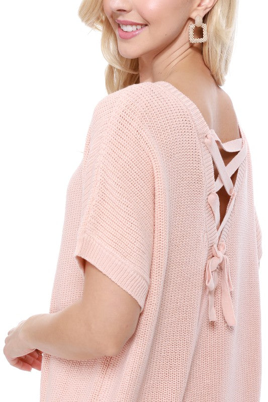 Open Back Half Sleeve Loose Fit Summer Knit Top- Length: 21.5-22.5"- Open Back with Lace-up - Half Sleeve Loose Oversized Pullover Knit Jumper- Light Weight Cotton Blend Stretch- Perfect for easy-going everyday w