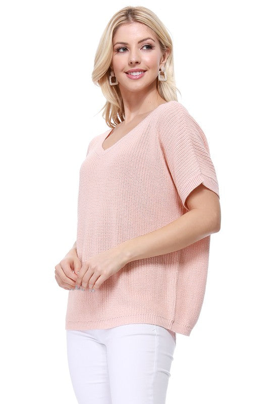 Open Back Half Sleeve Loose Fit Summer Knit Top- Length: 21.5-22.5"- Open Back with Lace-up - Half Sleeve Loose Oversized Pullover Knit Jumper- Light Weight Cotton Blend Stretch- Perfect for easy-going everyday w