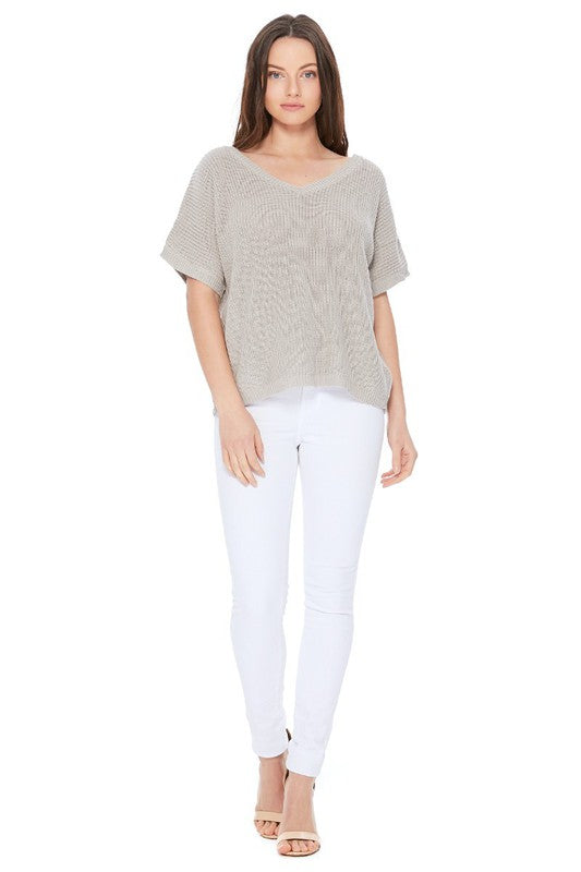 Open Back Half Sleeve Loose Fit Summer Knit Top- Length: 21.5-22.5"- Open Back with Lace-up - Half Sleeve Loose Oversized Pullover Knit Jumper- Light Weight Cotton Blend Stretch- Perfect for easy-going everyday w