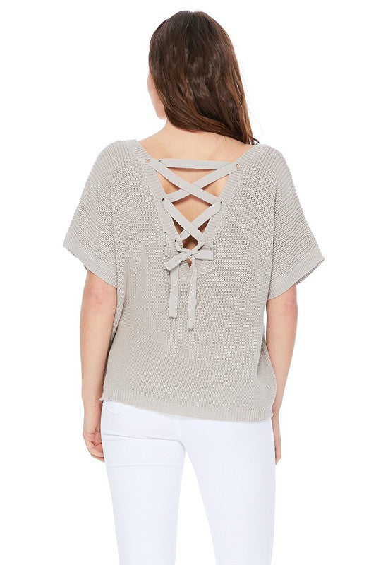 Open Back Half Sleeve Loose Fit Summer Knit Top- Length: 21.5-22.5"- Open Back with Lace-up - Half Sleeve Loose Oversized Pullover Knit Jumper- Light Weight Cotton Blend Stretch- Perfect for easy-going everyday w