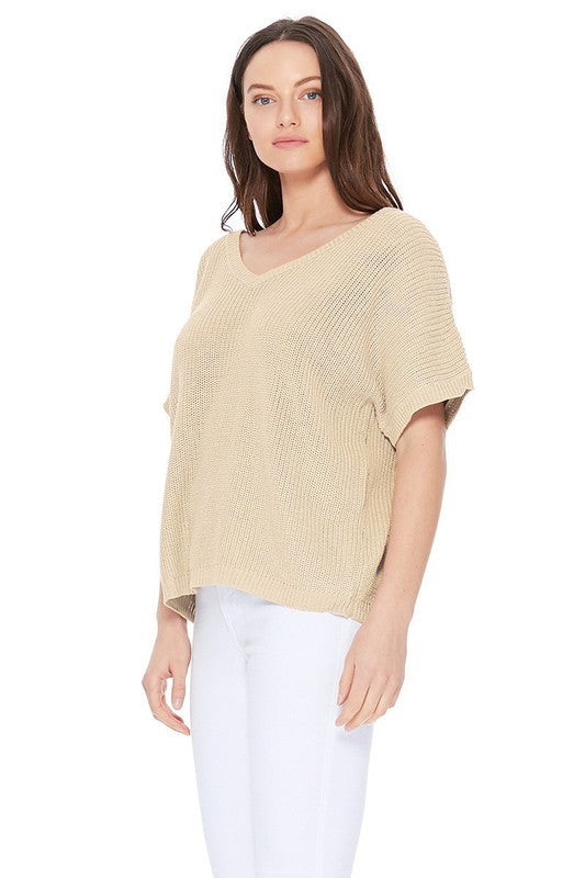 Open Back Half Sleeve Loose Fit Summer Knit Top- Length: 21.5-22.5"- Open Back with Lace-up - Half Sleeve Loose Oversized Pullover Knit Jumper- Light Weight Cotton Blend Stretch- Perfect for easy-going everyday w