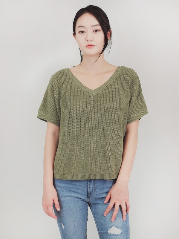 Open Back Half Sleeve Loose Fit Summer Knit Top- Length: 21.5-22.5"- Open Back with Lace-up - Half Sleeve Loose Oversized Pullover Knit Jumper- Light Weight Cotton Blend Stretch- Perfect for easy-going everyday w