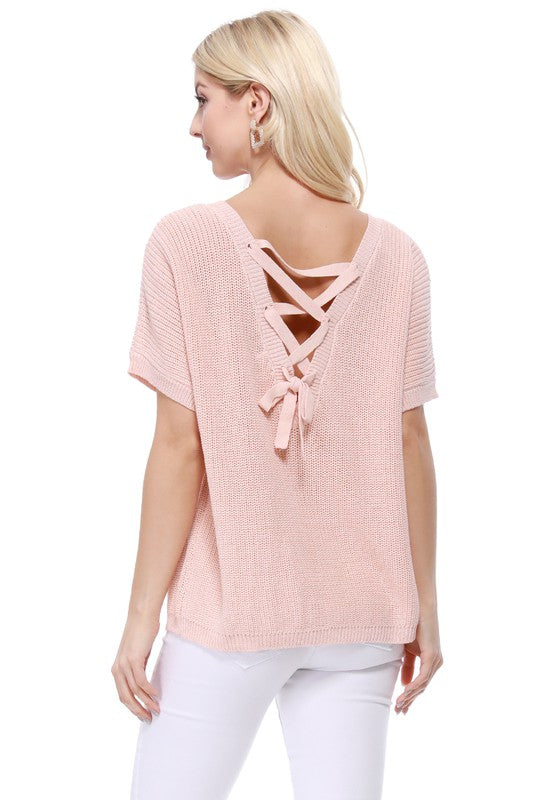 Open Back Half Sleeve Loose Fit Summer Knit Top- Length: 21.5-22.5"- Open Back with Lace-up - Half Sleeve Loose Oversized Pullover Knit Jumper- Light Weight Cotton Blend Stretch- Perfect for easy-going everyday w