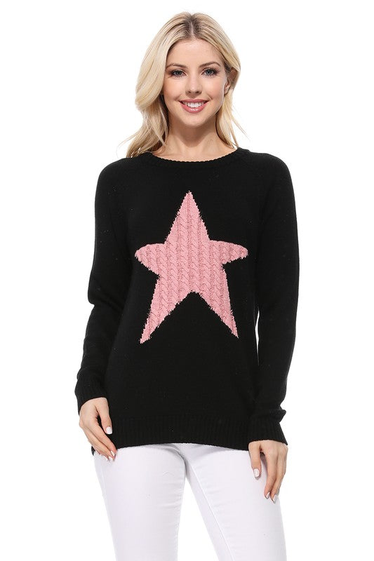 Cute Star Jacquard Round Neck Pullover Sweater- Women's Star Rounded Neck Long Sleeve Warm Pullover Sweater- 24"-25" Length, Long Sleeves, Rounded Neck, Cable Knit Star Pullover Sweater- Simple and Casual Sweate