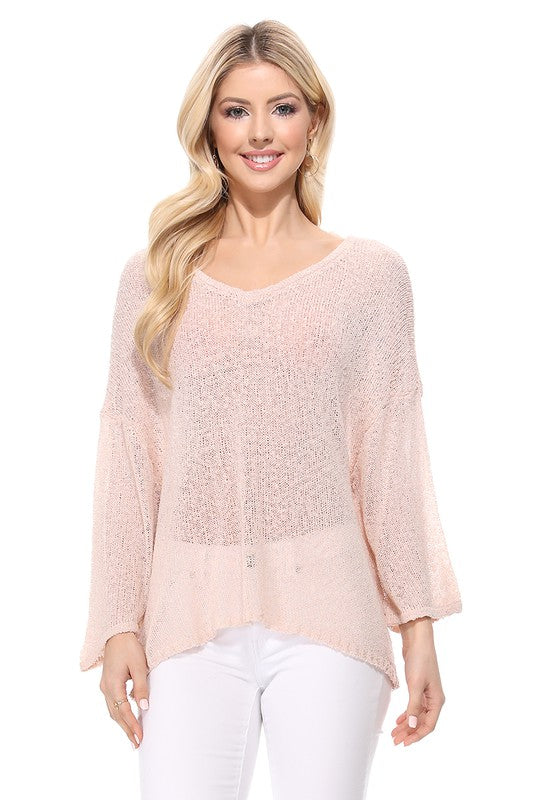 Open Back Sheer Batwing Sleeve Stretch Knit Top- Length: 22-23"- Across Shoulder: 25.5-26.5"- Sleeve Length: 10.5-11"- High Quality Acrylic and Nylon materials- Loose fit Open Back S/S Sweater- Batwing Sleeve Loo