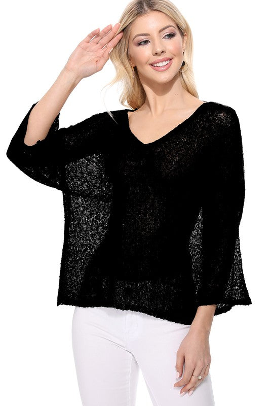 Open Back Sheer Batwing Sleeve Stretch Knit Top- Length: 22-23"- Across Shoulder: 25.5-26.5"- Sleeve Length: 10.5-11"- High Quality Acrylic and Nylon materials- Loose fit Open Back S/S Sweater- Batwing Sleeve Loo