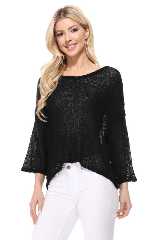 Open Back Sheer Batwing Sleeve Stretch Knit Top- Length: 22-23"- Across Shoulder: 25.5-26.5"- Sleeve Length: 10.5-11"- High Quality Acrylic and Nylon materials- Loose fit Open Back S/S Sweater- Batwing Sleeve Loo