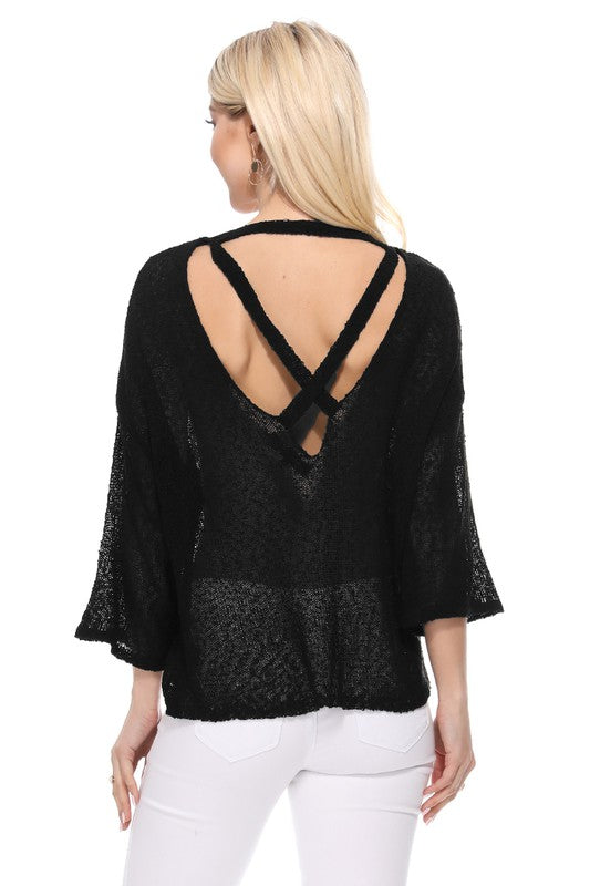 Open Back Sheer Batwing Sleeve Stretch Knit Top- Length: 22-23"- Across Shoulder: 25.5-26.5"- Sleeve Length: 10.5-11"- High Quality Acrylic and Nylon materials- Loose fit Open Back S/S Sweater- Batwing Sleeve Loo