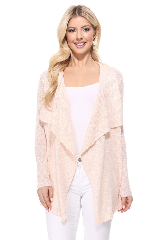 Draped Collar, Drape Front Sweater Cardigan- Length: 26-27"- Across Shoulder: 13-14"- Sleeve Length: 23.25-23.75"- Draped Collar and Open Front Sweater Cardigan- Quality 100% Acrylic Slub Yarn- Perfect for La