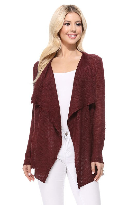 Draped Collar, Drape Front Sweater Cardigan- Length: 26-27"- Across Shoulder: 13-14"- Sleeve Length: 23.25-23.75"- Draped Collar and Open Front Sweater Cardigan- Quality 100% Acrylic Slub Yarn- Perfect for La